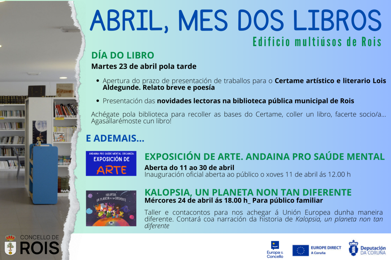 Cartel da programación de Abril, mes dos libros en Rois